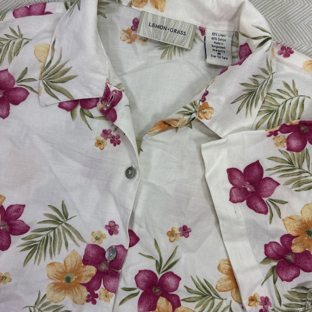Lemon Grass Studio Hawaiian‎ Shirt Blouse Womens M Multicolor Floral Linen Blend